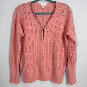 Garnet Hill Pink Pointelle Zip Neck Cashmere Sweater M